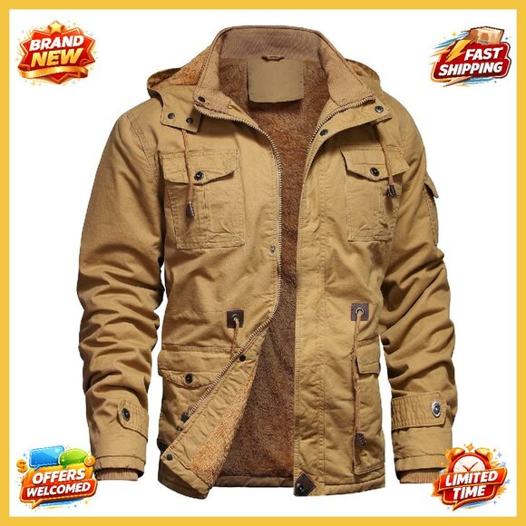 Men's Winter Jacket Fleece Lined Cargo Military Style Removable Hood Work Coat